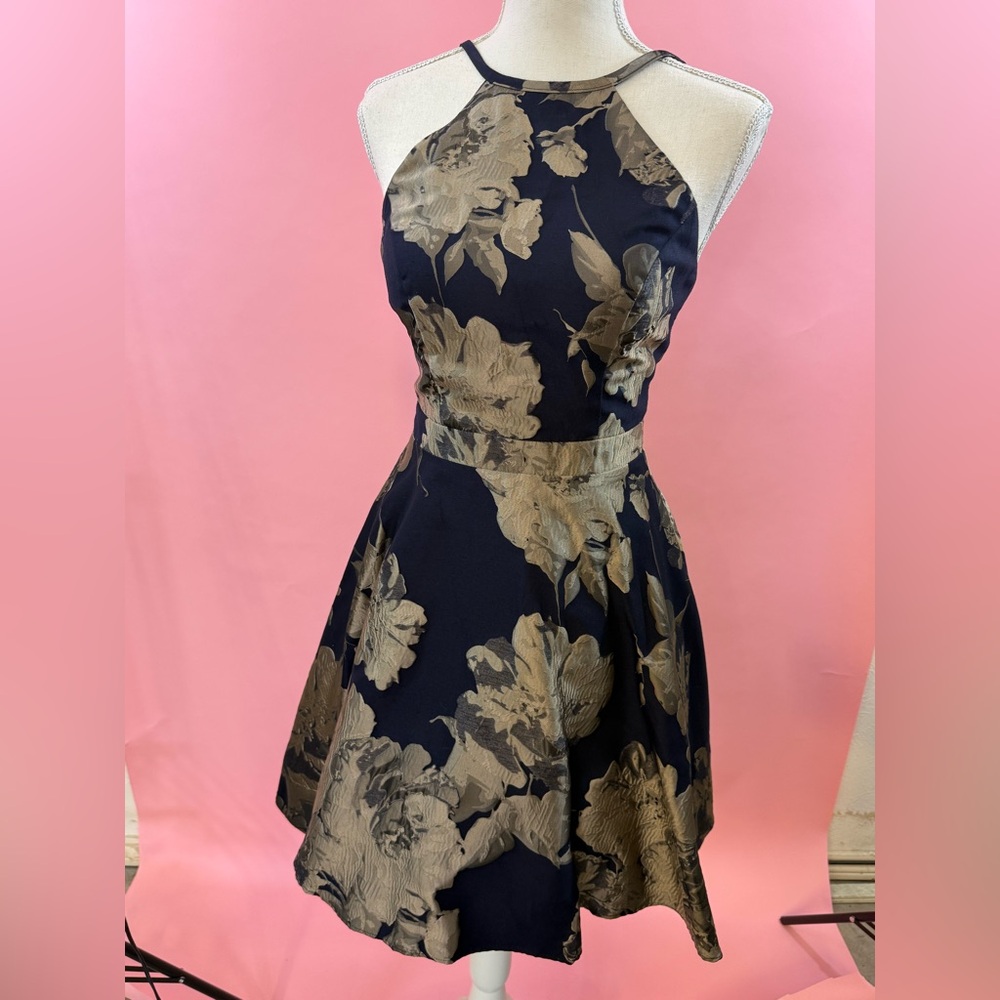 The Xscape Women's Navy Blue Floral Lace Halter Dress
